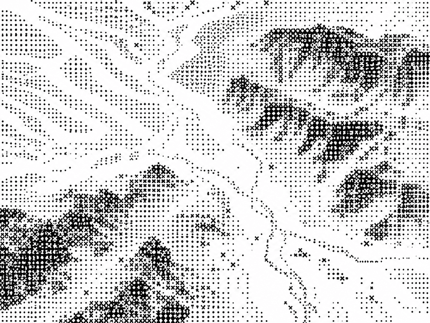 Dithered aerial view of mountainous terrain